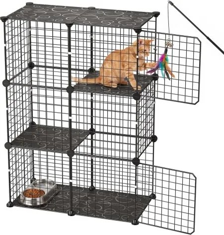 VEVOR Kattenkooi, 3-laags kattenren, 71,1x35,5x104,1 cm, doe-het-zelf binnenspeeltuin voor katten, verwijderbare metalen gaaskooi, ideaal voor 1-2 katten, konijnen, fretten en kleine dieren, zwart