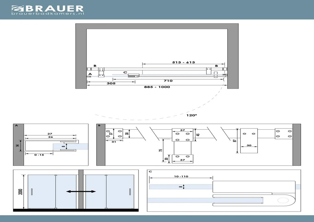 Brauer Stellar nisdeur met vaste wand 100cm gunmetal geborsteld PVD