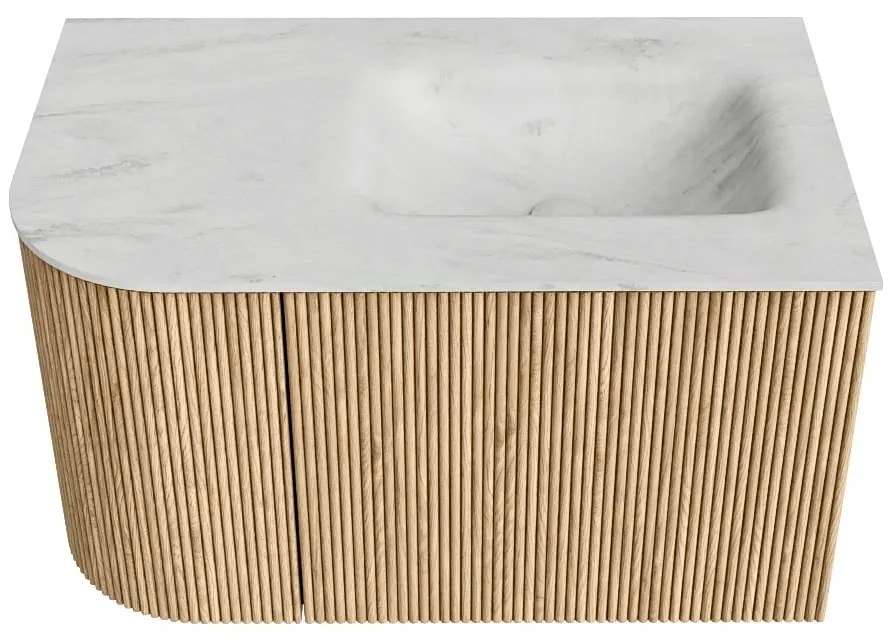 Mondiaz Kurve-dlux 75cm badmeubel ronding links oak met 1 lade en deur en wastafel grunne rechts zonder kraangat opalo