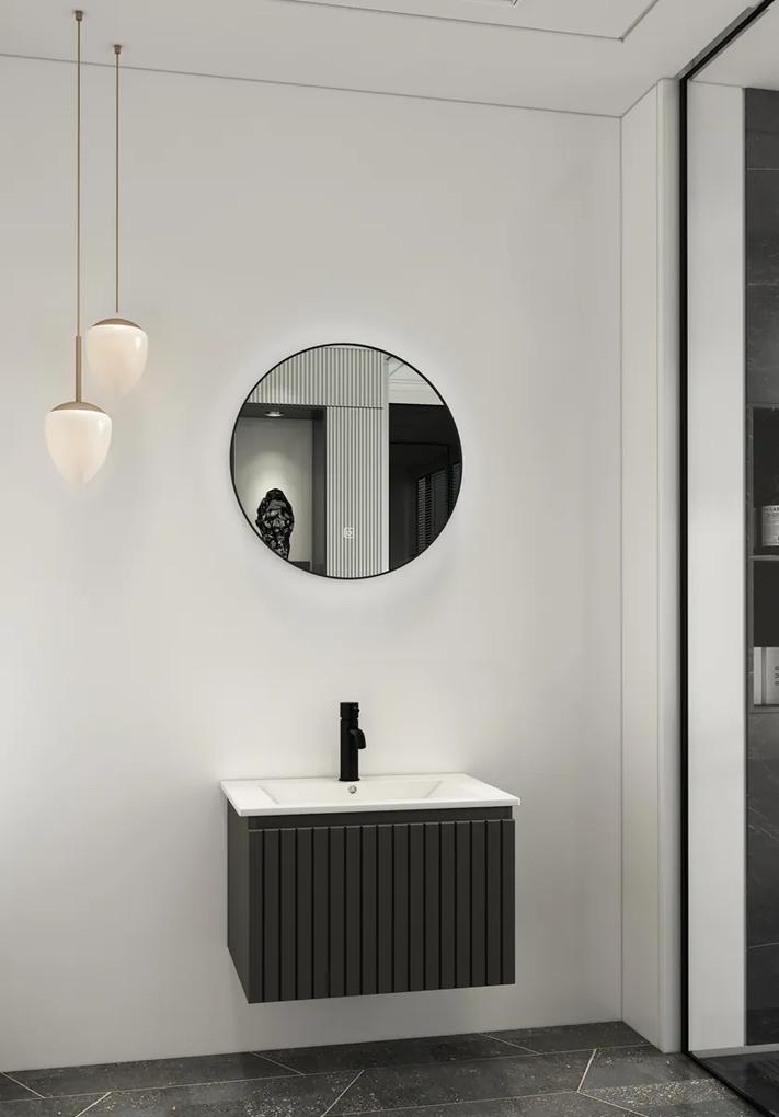 Fontana Lento zwart badmeubel ribbelfront 60cm met witte wastafel 1 kraangat en ronde spiegel