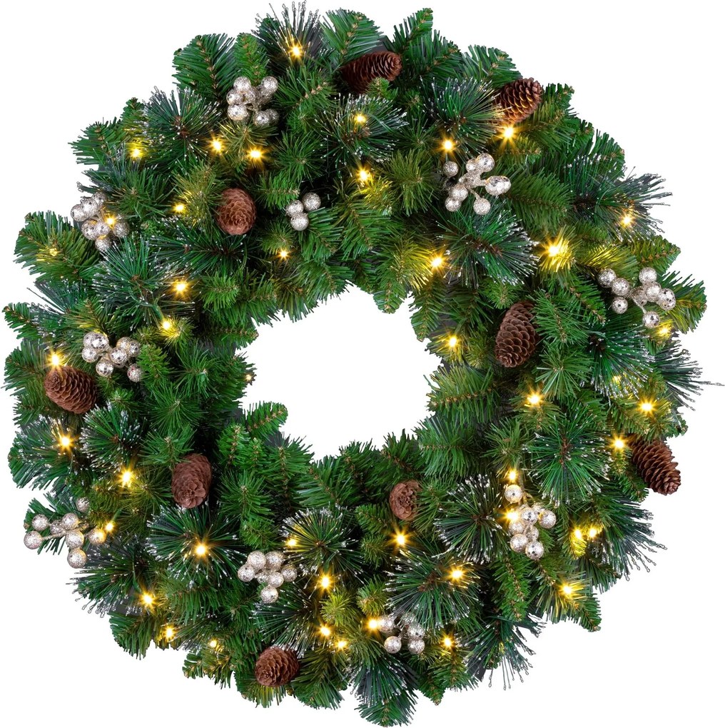 Verlichte kerstkrans "Glittery Gold Crestwood" - groen - Diameter 61 cm - 50 warm witte ledlampjes - met deco &amp; glitter