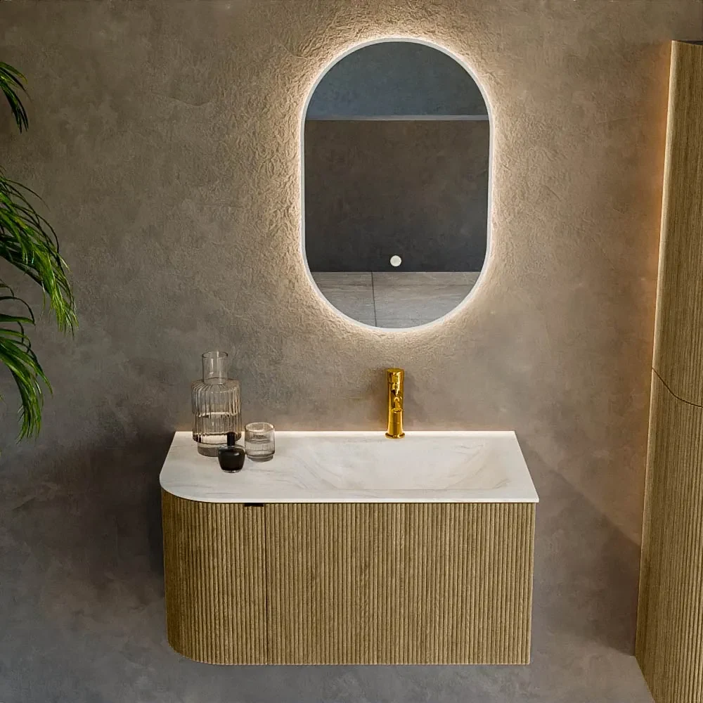 Mondiaz Kurve-dlux 85cm badmeubel ronding links dusk met 1 lade en deur en wastafel cloud kraangat rechts ostra
