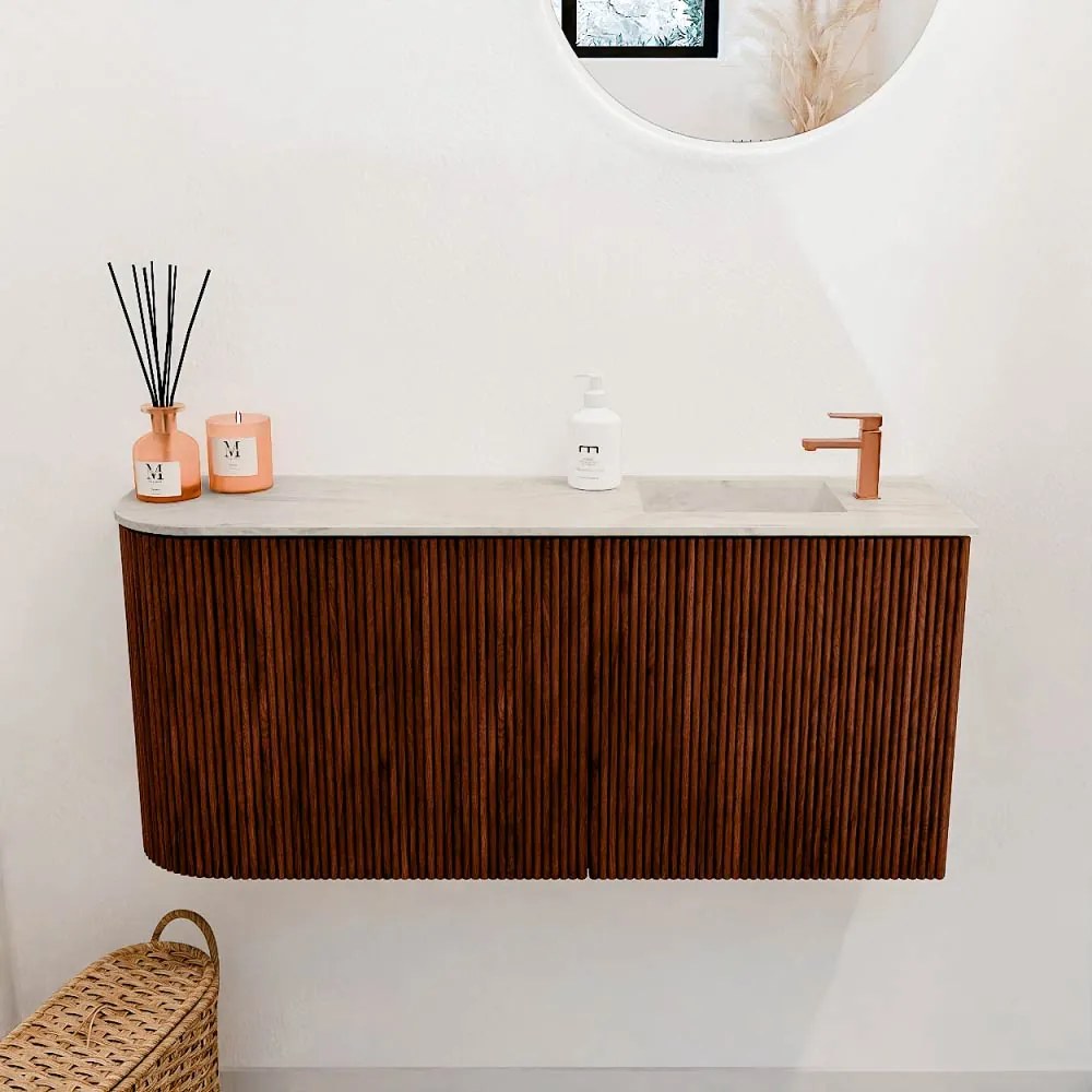 Mondiaz Joya DLux 90cm toiletmeubel ronding links ruby met wastafel faye rechts 1 kraangat ostra