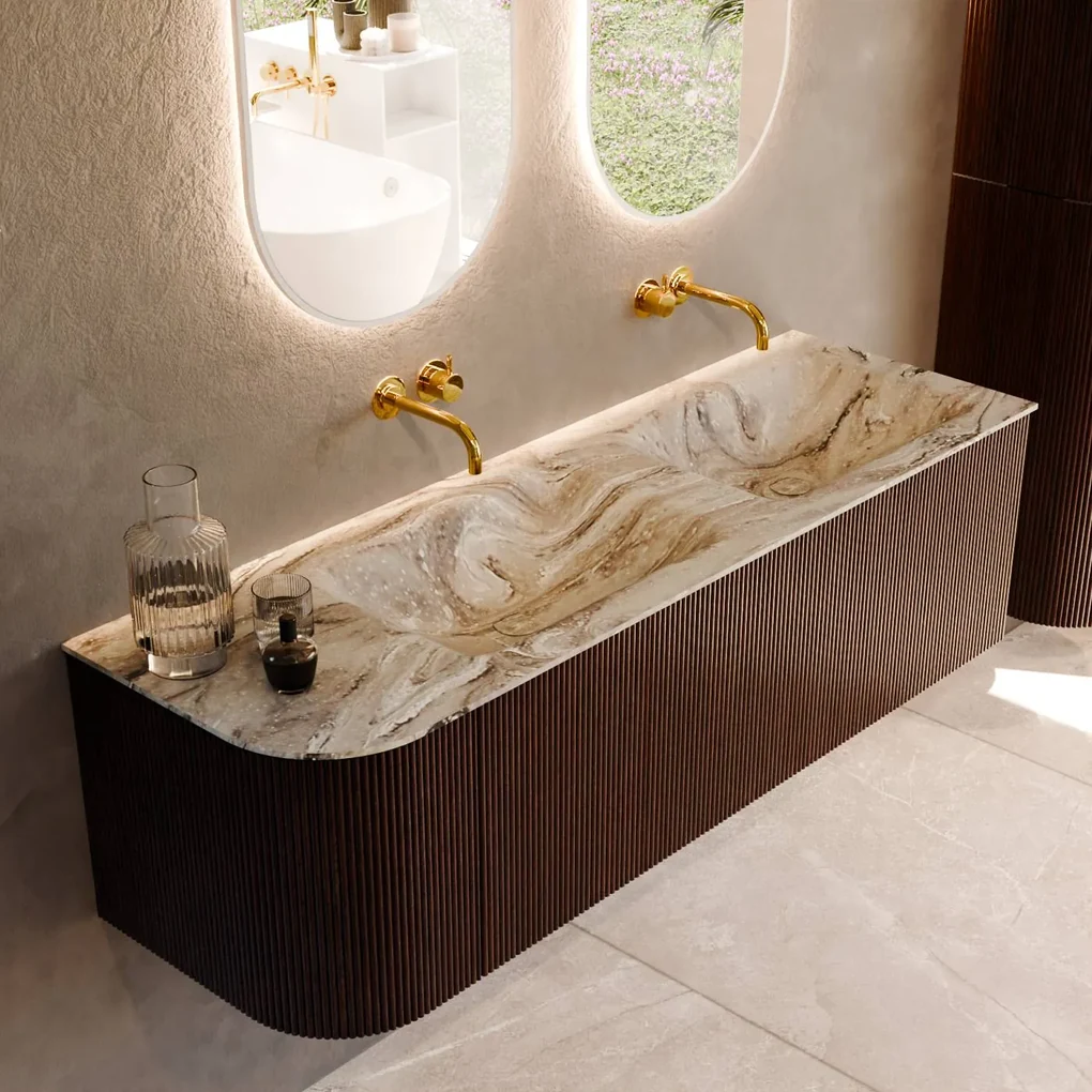 Mondiaz Kurve-dlux 145cm badmeubel ronding links ruby met 1 lade en deur en wastafel leaf dubbel/rechts zonder kraangat glace