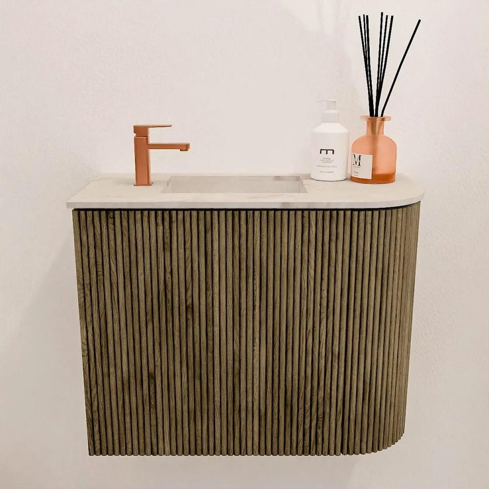 Mondiaz Joya DLux 50cm toiletmeubel ronding rechts dusk met wastafel faye links 1 kraangat frappe