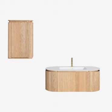 Badmeubelset Van Hout Met Geïntegreerde Wastafel Carsone Natuurlijk Hout & Natuurlijk Hout & Spiegelloze & Goud ↑20 Cm - Sklum