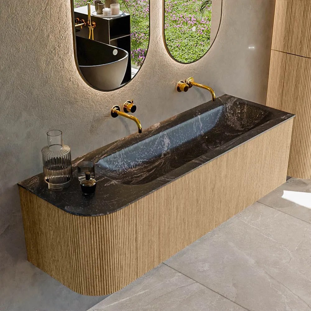 Mondiaz Kurve-dlux 145cm badmeubel ronding links oak met 1 lade en deur en wastafel big large rechts zonder kraangat lava
