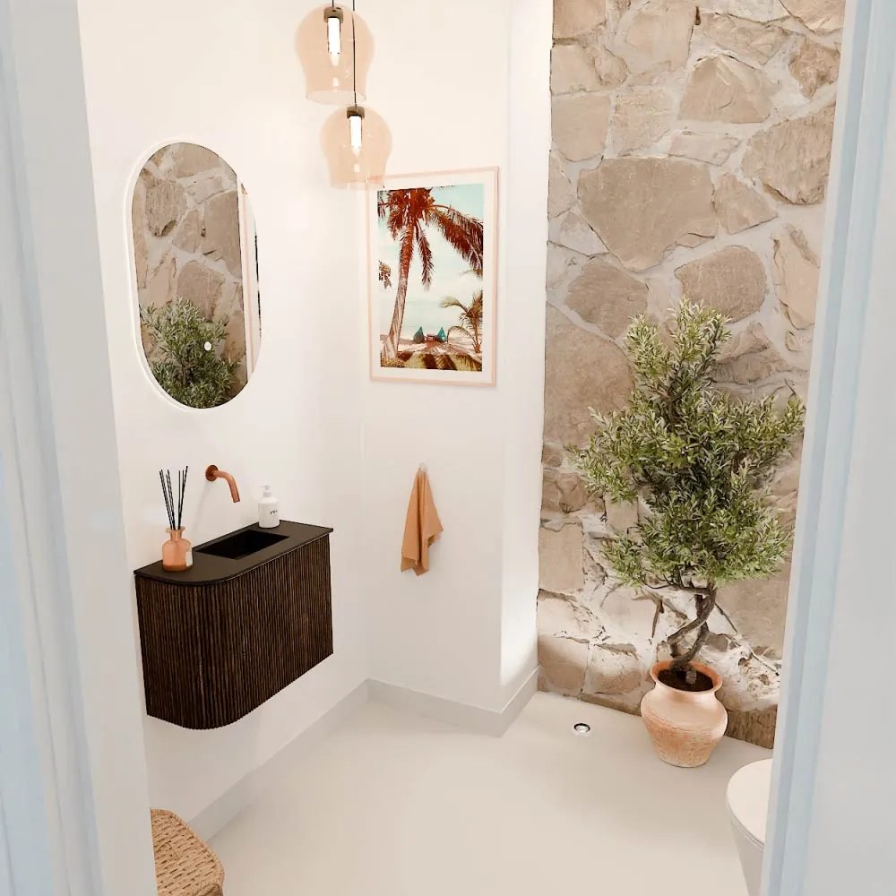 Mondiaz Joya 50cm toiletmeubel ronding links walnut met wastafel faye rechts zonder kraangat urban