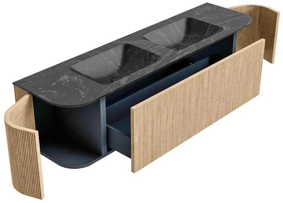 Mondiaz Kurve-dlux 170cm badmeubel ronding links/rechts oak met 1 lade en 2 deuren en wastafel leaf dubbel 2 kraangaten lava