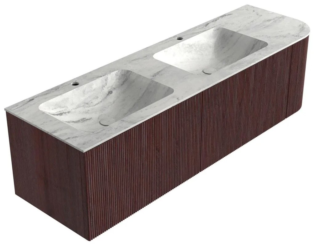 Mondiaz Kurve-dlux 155cm badmeubel ronding rechts ruby met 2 lades en 1 deur en wastafel leaf dubbel/links 2 kraangaten opalo