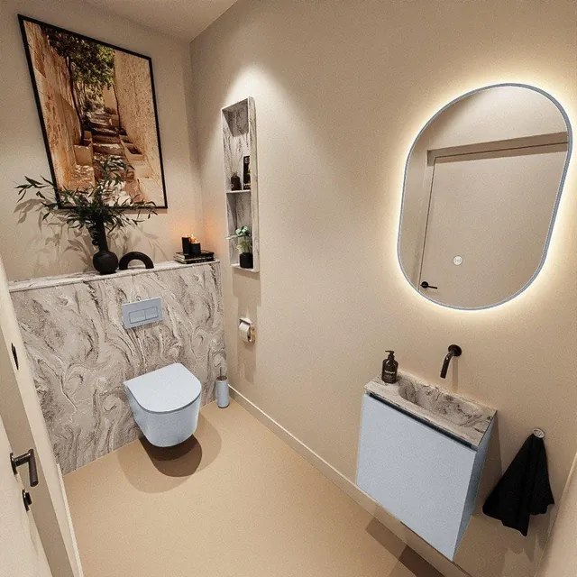 MONDIAZ TURE-DLUX 40cm toiletmeubel Clay. EDEN wastafel Glace positie rechts. Zonder kraangat. TUREDX40CLAR0GLA