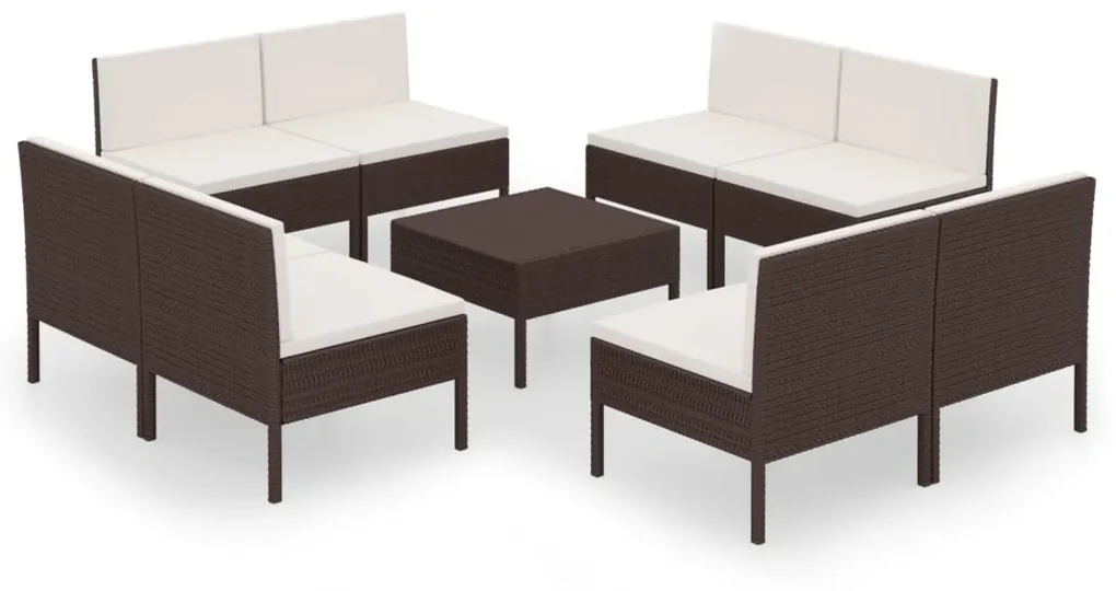 vidaXL 9-delige Loungeset met kussens poly rattan bruin