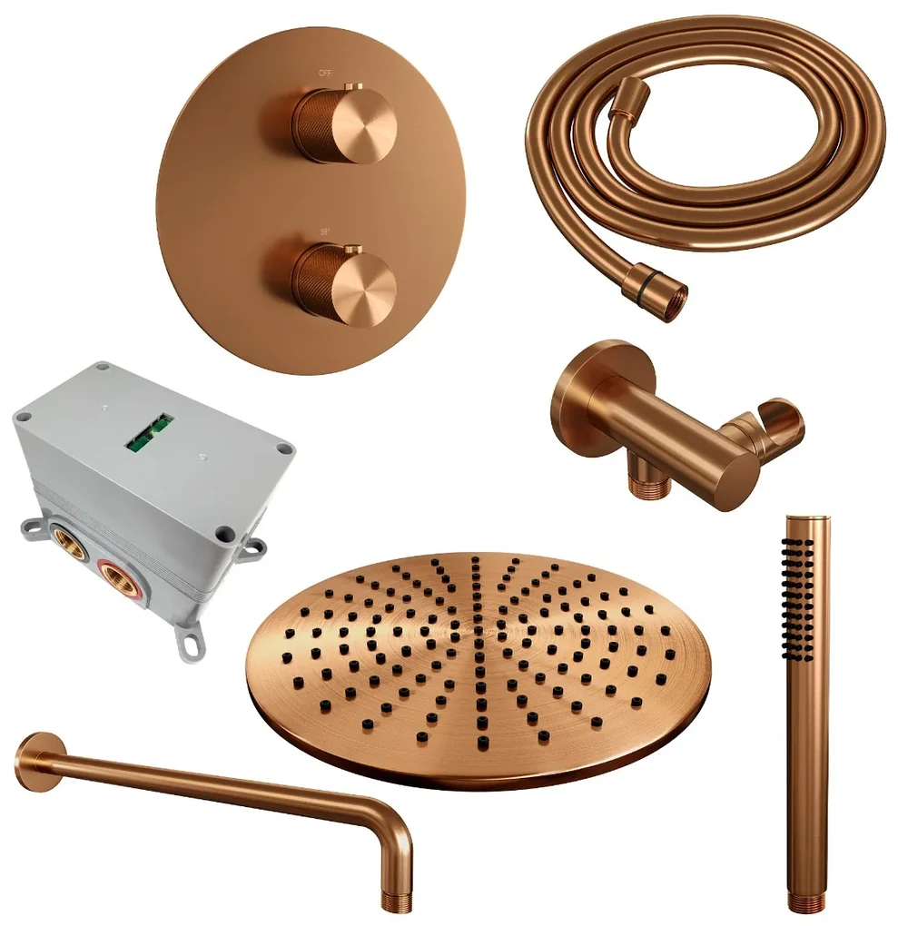 Brauer Copper Carving thermostatische inbouw regendouche met staafhanddouche, gebogen muurarm en hoofddouche 30cm set 76 koper geborsteld PVD