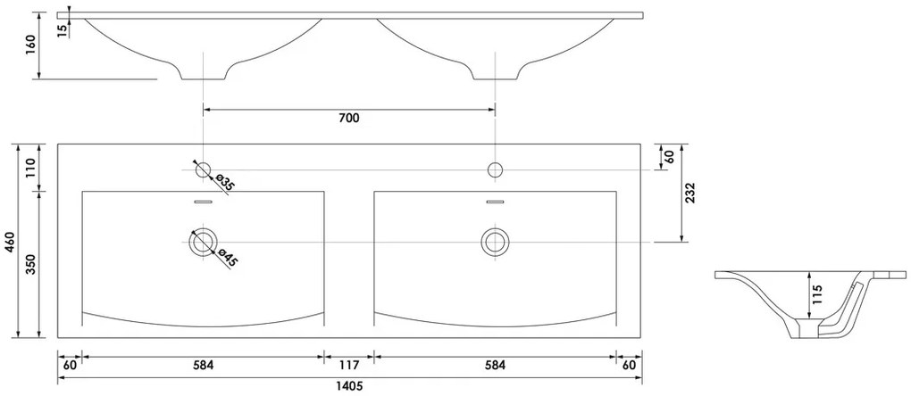 Brauer Glacier dubbele wastafel fine stone 140cm met kraangaten wit mat