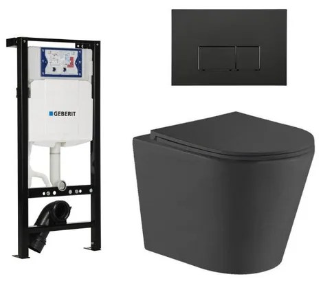 QeramiQ Dely Toiletset - 36.3x51.7cm - diepspoel - rimless - Inbouwreservoir met Geberit UP320 spoelmechanisme - softclose toiletzitting - mat zwarte bedieningsplaat - rechtehoekige knoppen - zwart mat SW1026253/SW1381697/SW706189/SW1000768