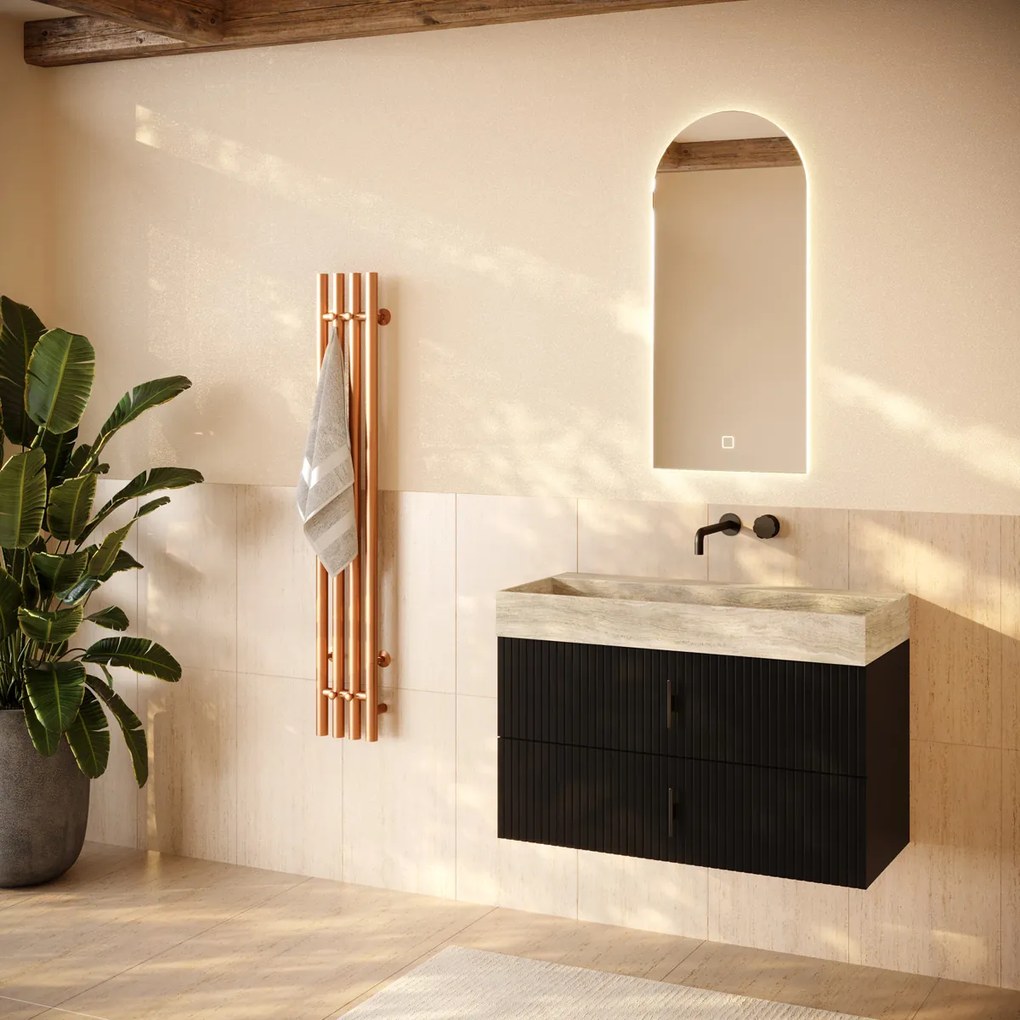 Muebles Murcia badmeubel ribbelfront 100cm zwart mat met White Travertin wastafel zonder kraangat