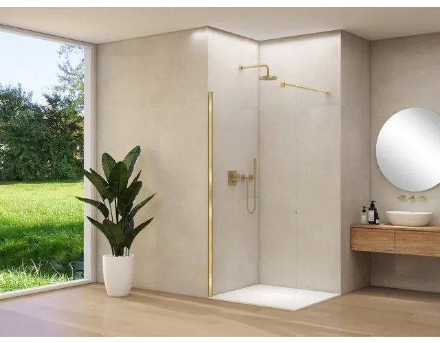 Van Rijn Products ST01 vaste wand - 108x200cm - helder glas - - dikte 8mm - stabilisatiestang - muurprofiel - Messing geborsteld ST01500110HESBM