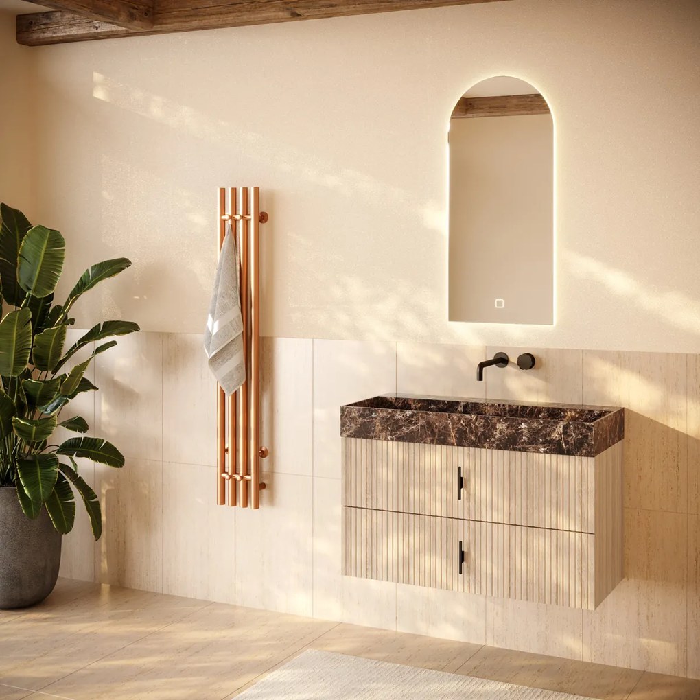Muebles Murcia badmeubel ribbelfront 100cm naturel eiken met Dark Emperador wastafel zonder kraangat