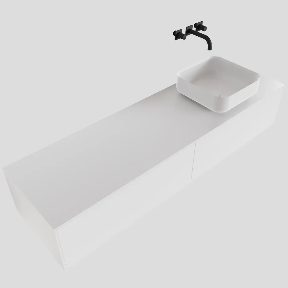 Zaro Lagom volledig naadloos solid surface onderkast met topblad 160cm mat wit met 2 lades Push tot open. Compleet met solid surface opzetkom met 0 kraangat(en)