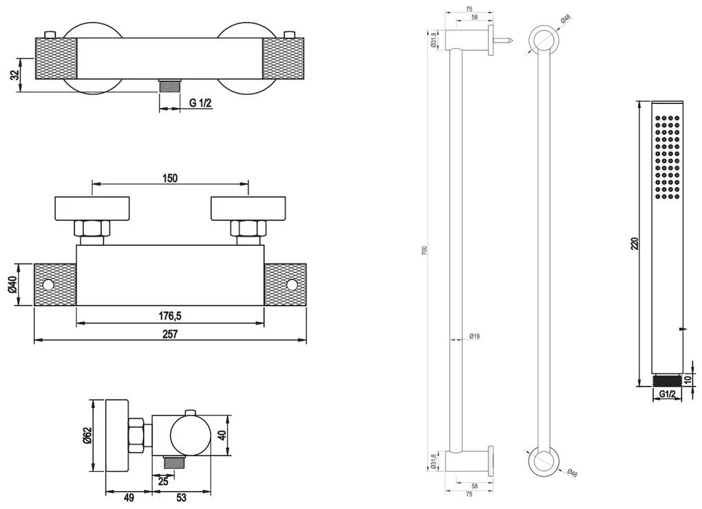 Brauer Brushed Carving thermostatische douchekraan met glijstang en staafhanddouche RVS geborsteld PVD