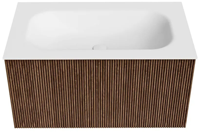 Mondiaz Kurve 80cm badmeubel walnut met 1 lade en wastafel big small midden zonder kraangat