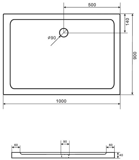 SaniGoods Flet douchebak rechthoekig 100x90x4cm