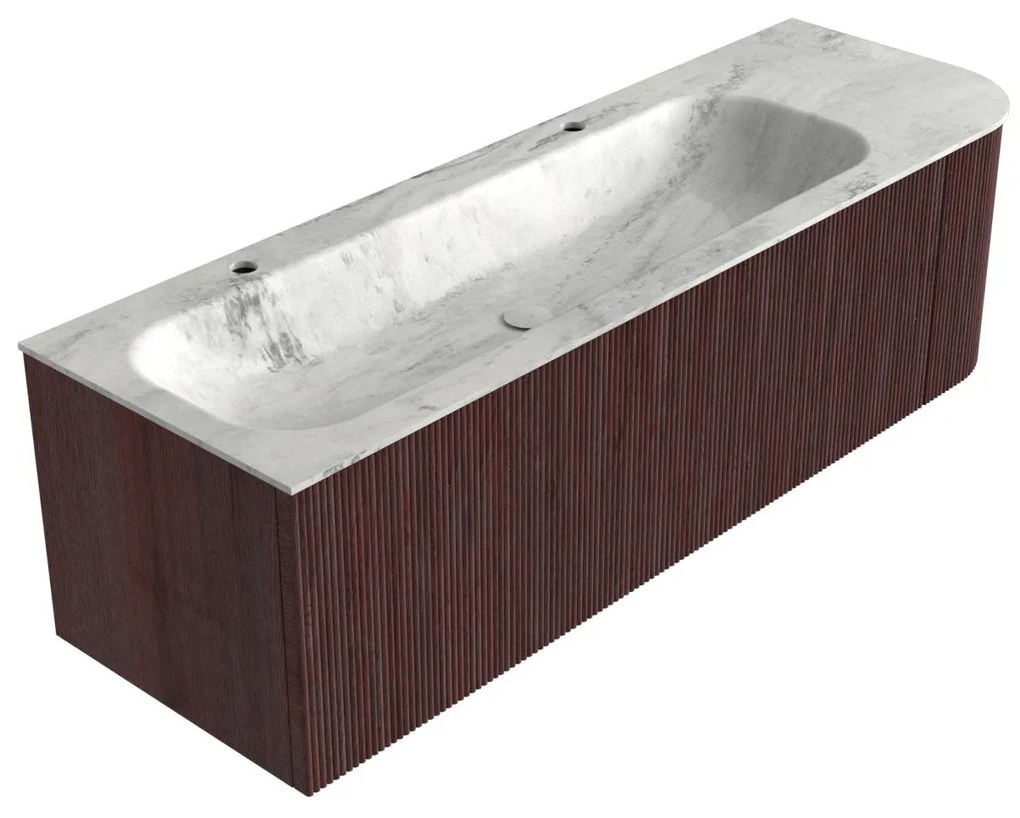 Mondiaz Kurve-dlux 145cm badmeubel ronding rechts ruby met 1 lade en deur en wastafel big large links 2 kraangaten opalo