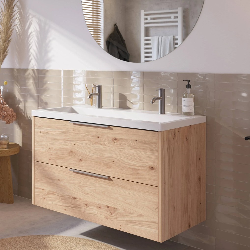 Saqu Lima badmeubel incl. glans witte wastafel met 2 kraangaten 100x52x64cm naturel eiken – rvs greep