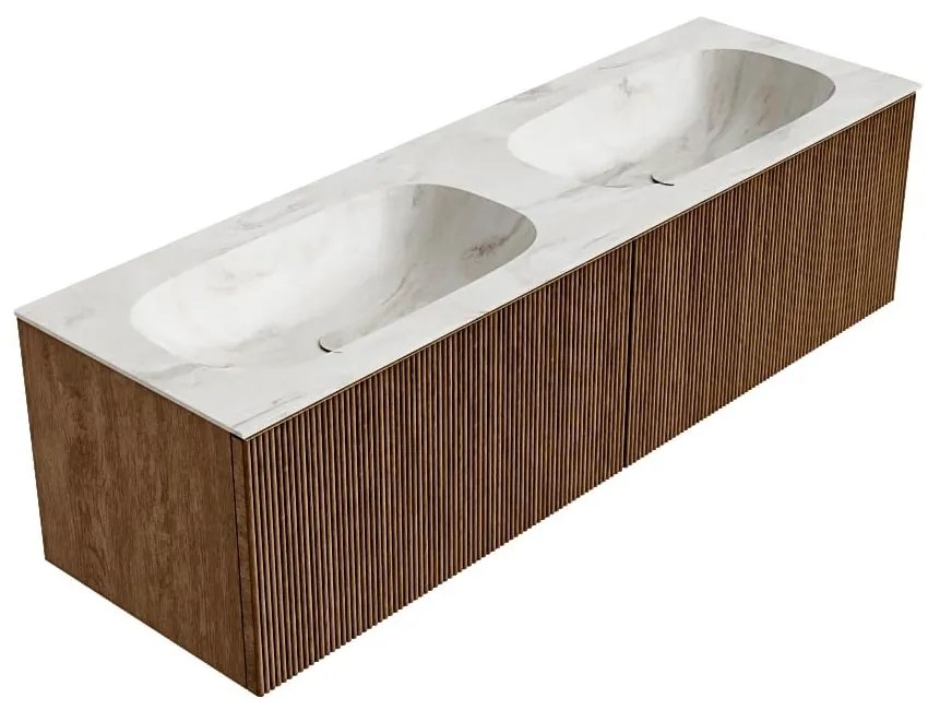 Mondiaz Kurve-dlux 150cm badmeubel walnut met 2 lades en wastafel stor small dubbel 2 kraangaten ostra