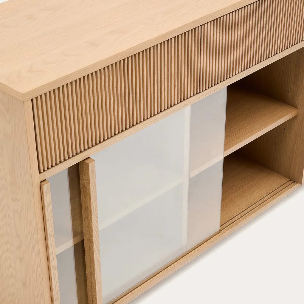 Kave Home Helvine Dressoir Eiken Met Glazen Schuifdeuren - 200x40x80cm.