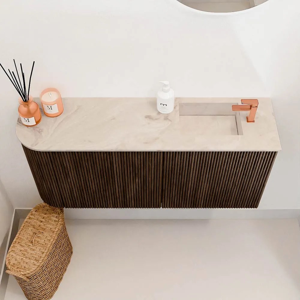 Mondiaz Joya DLux 90cm toiletmeubel ronding links walnut met wastafel faye rechts 1 kraangat frappe
