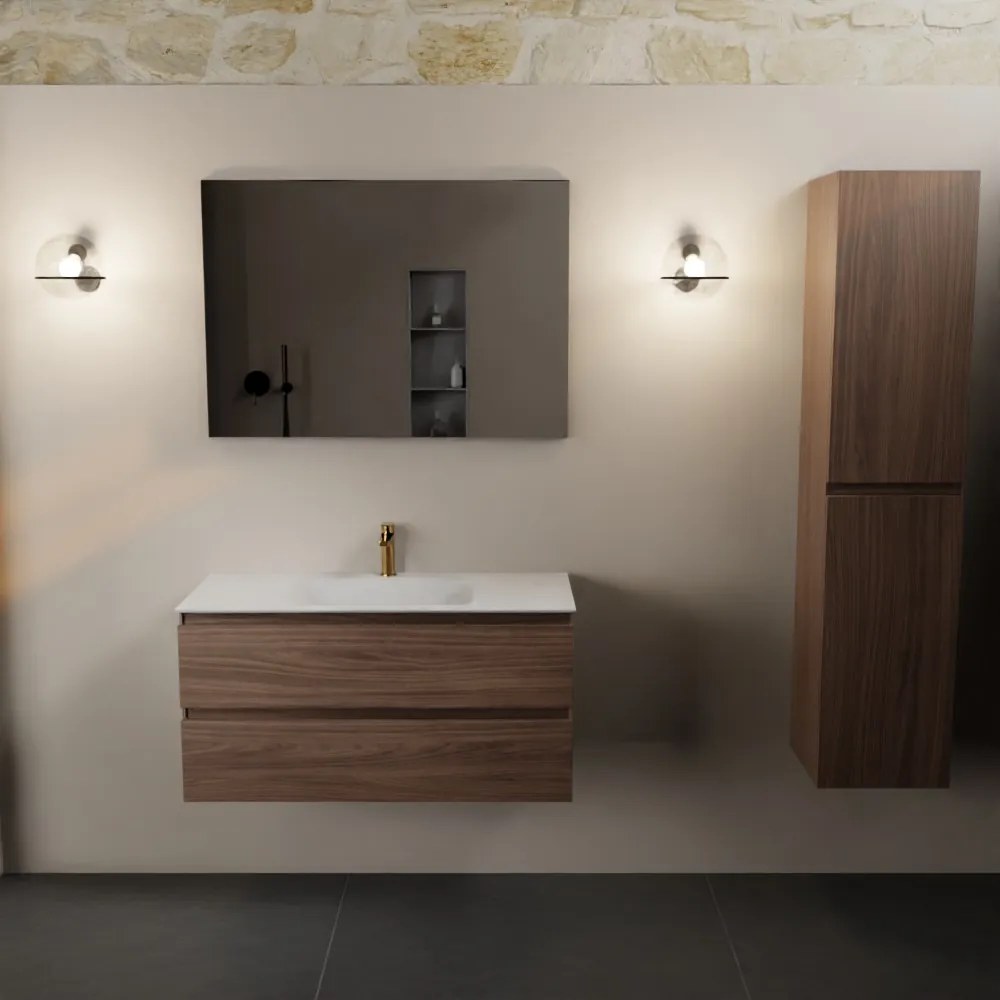 Mondiaz Aivy badmeubel 100cm mocha met wastafel solid surface talc midden 1 kraangat en spiegel