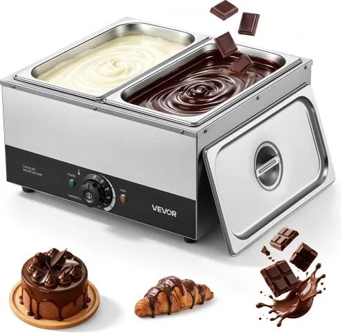 VEVOR Chocoladesmeltmachine met 2 verwijderbare roestvrijstalen containers, 1,2 kW, voor bakkerijen, patisserieën en restaurants, met temperatuurregeling 30–85 ℃, droogloopbeveiliging, chocoladetempermachine