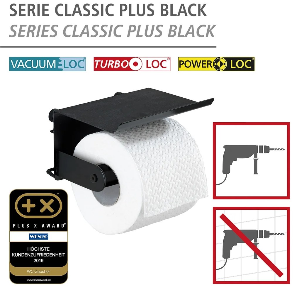 Wenko Classic Plus toiletrolhouder met planchet zwart