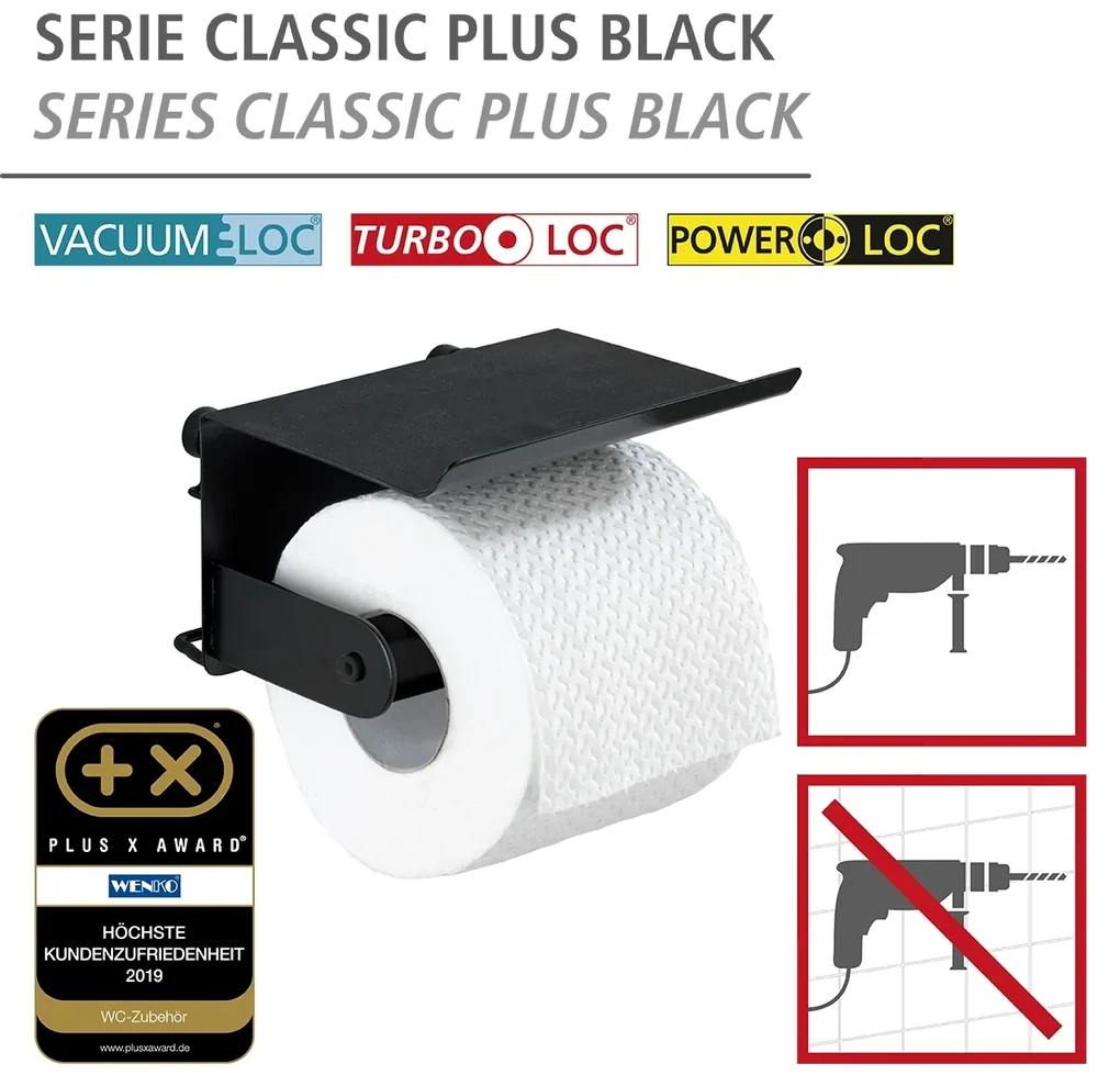 Wenko Classic Plus toiletrolhouder met planchet zwart