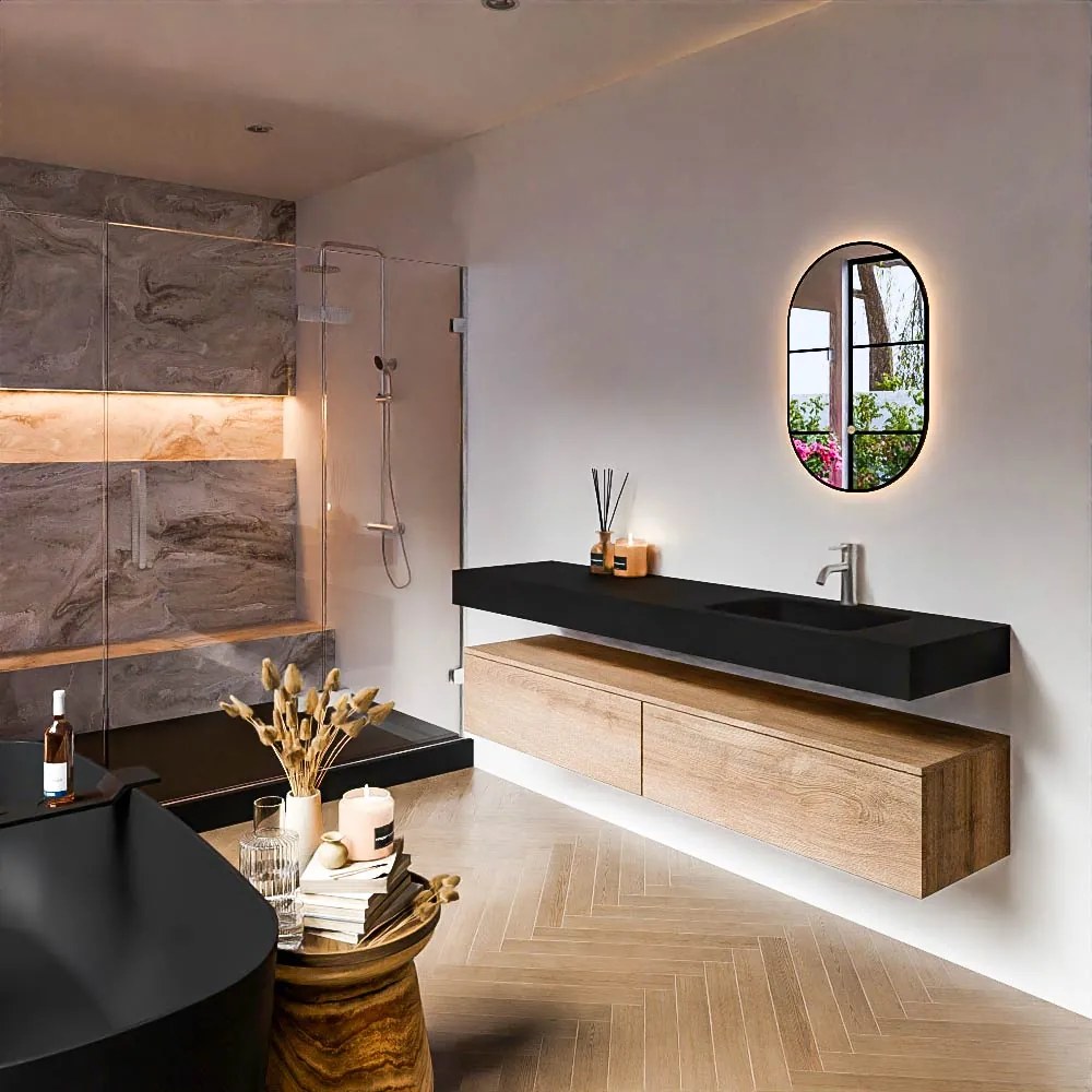 Zaro Alan badmeubel 180cm washed oak 2 lades met vrijhangende wastafel cloud rechts 1 kraangat urban