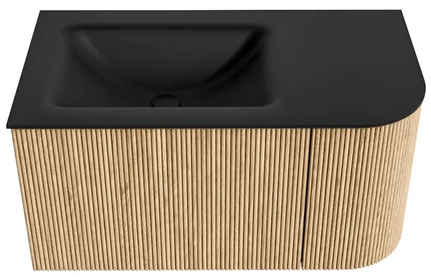 Mondiaz Kurve 85cm badmeubel ronding rechts oak met 1 lade en deur en wastafel cloud kraangat links urban