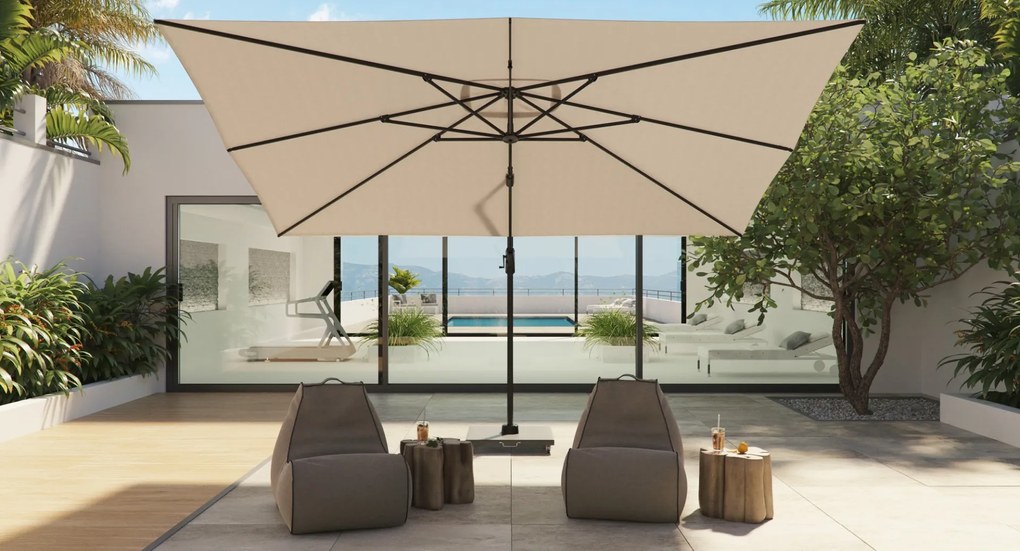 Platinum Challenger zweefparasol T1 Premium 4x3 m. - Champagne Sandstone - met ingraafvoet en hoes
