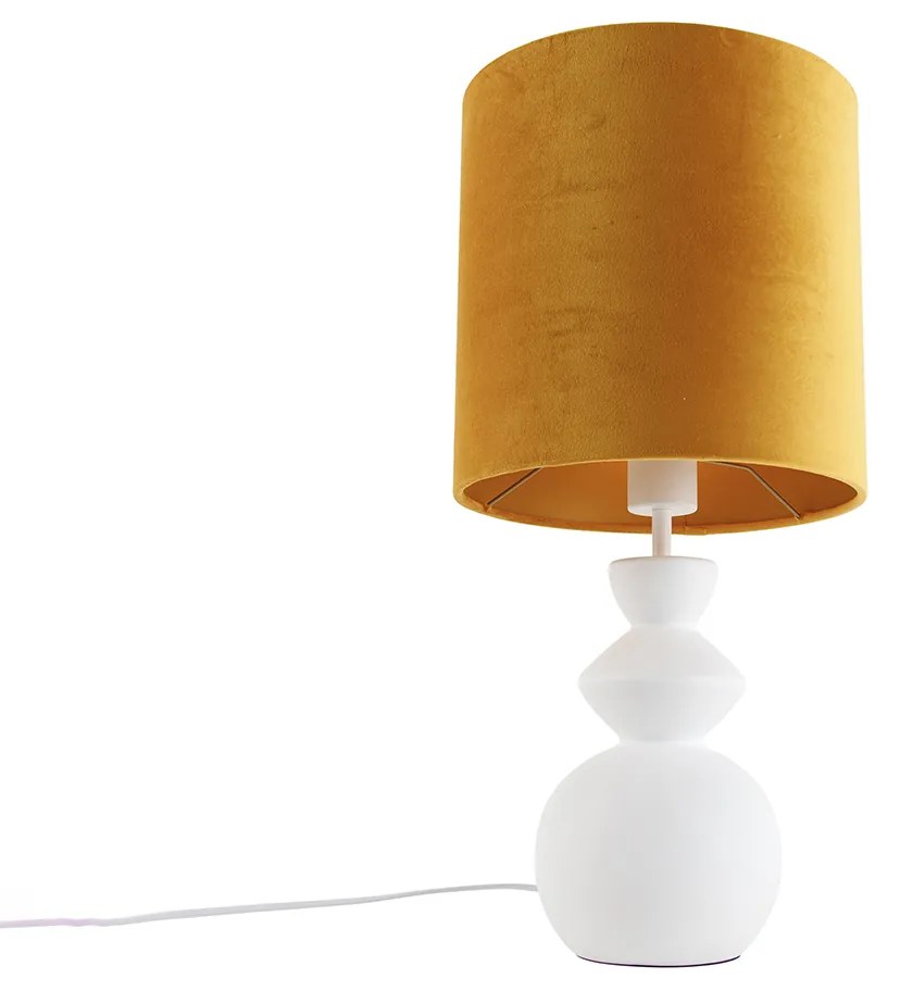 Design tafellamp wit velours kap geel met goud 25 cm - Alisia Design E27 rond Binnenverlichting Lamp