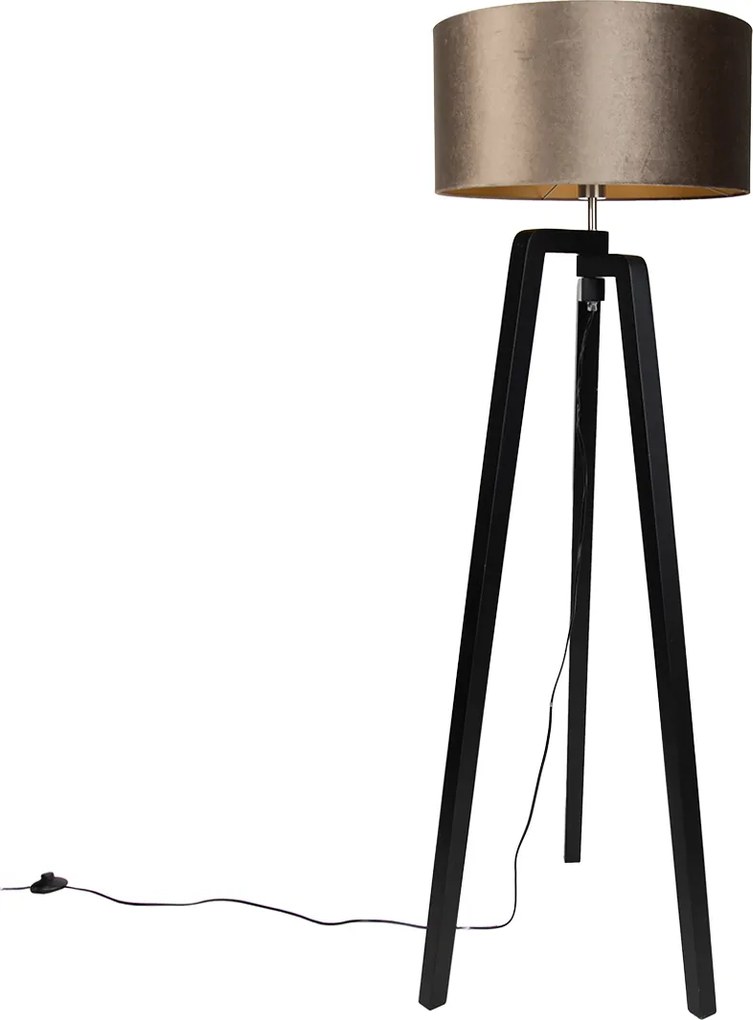 Vloerlamp zwart tripod met kap bruin met gouden binnenkant 50cm - Puros