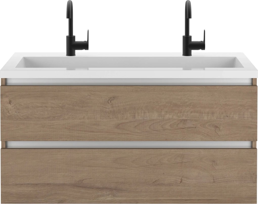 Saqu Gaia badmeubel incl. glans witte wastafel met 2 kraangaten 120x52x64cm toffee – aluminium greeplijst