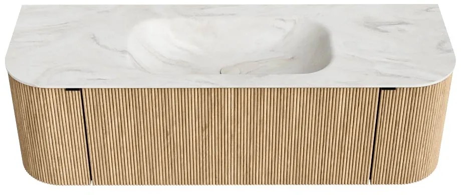 Mondiaz Kurve-dlux 140cm badmeubel ronding links/rechts oak met 1 lade en 2 deuren en wastafel big small midden 1 kraangat ostra