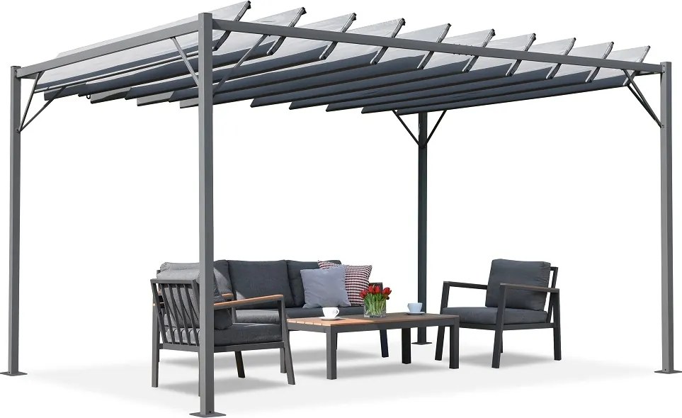 Antraciet Malaga terraspergola 3x4m met muggennet en gordijnen Garden Point