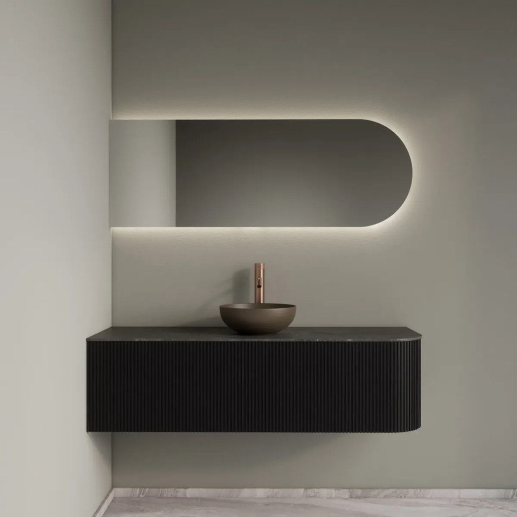 Gliss Design Alluro badmeubel ribbelfront met ronding rechts 140cm black en zwart leisteen toppaneel