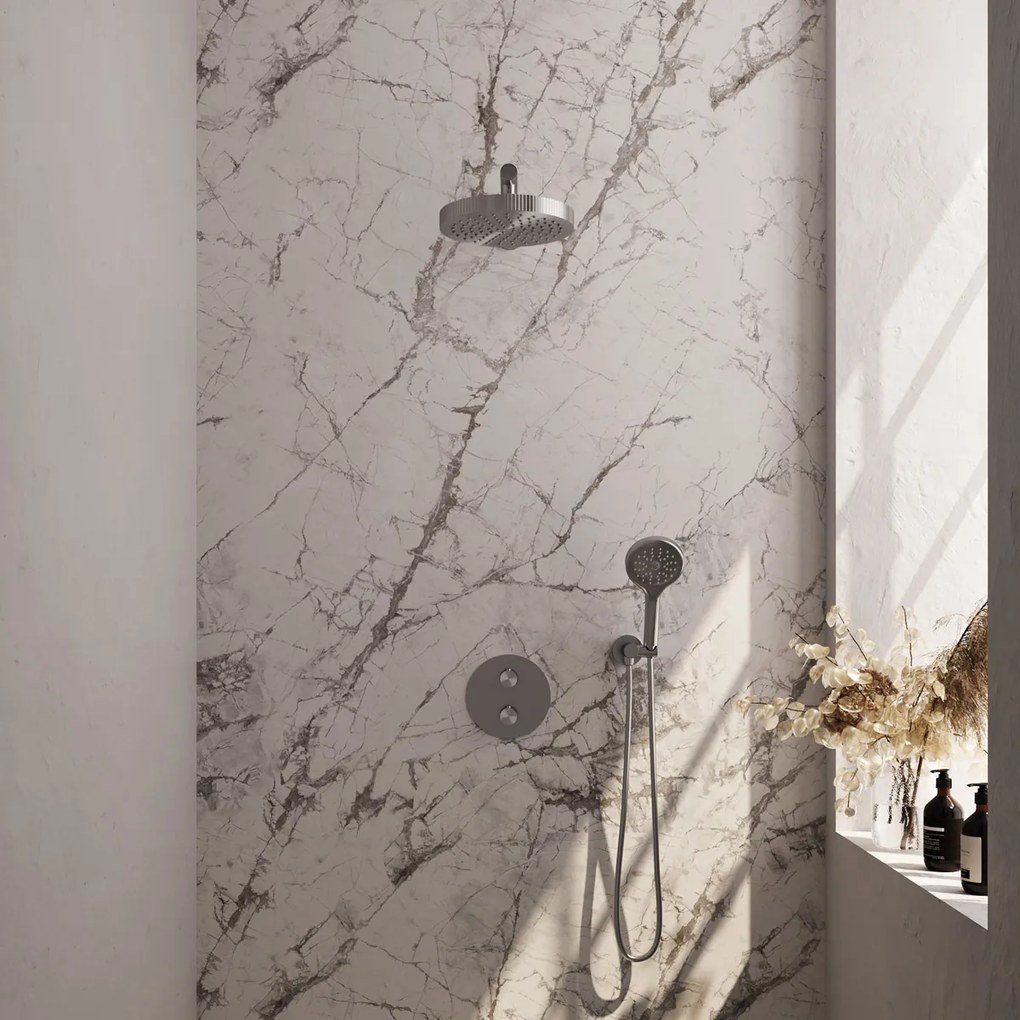 Brauer Stripe inbouw regendouche rond met 25cm hoofddouche, rechte muurarm en 3 standen handdouche set 40 RVS geborsteld PVD