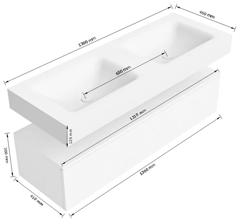 Zaro Alan badmeubel 130cm sand met 1 lade en vrijhangende wastafel dubbel zonder kraangaten wit mat