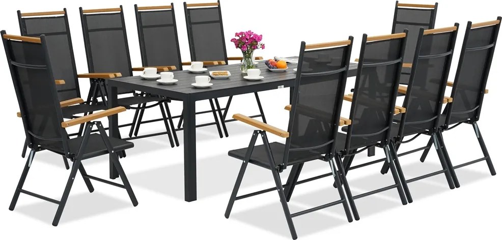 Verona Wood polywood aluminium tuinmeubelen met grote tafel voor 10 personen Garden Point zwart