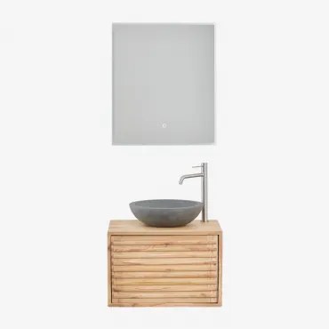 Deleyna Zwevend Houten Badkamermeubelset Natuurlijk Hout & Rond Grijs Cement Ø40 Cm Tarsis & Rechthoekige Led En Anticondens 60x70 Cm Riben - Sklum