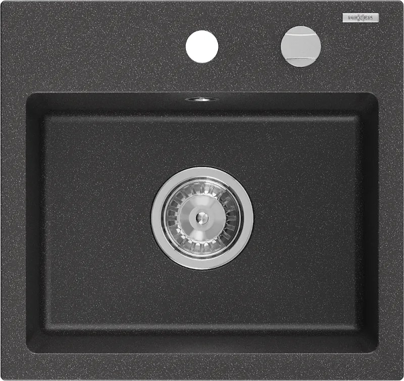Mexen Milo granieten spoelbak 1-komoer 435 x 410 mm, zwart gespikkeld, chromen sifon - 6505441000-76