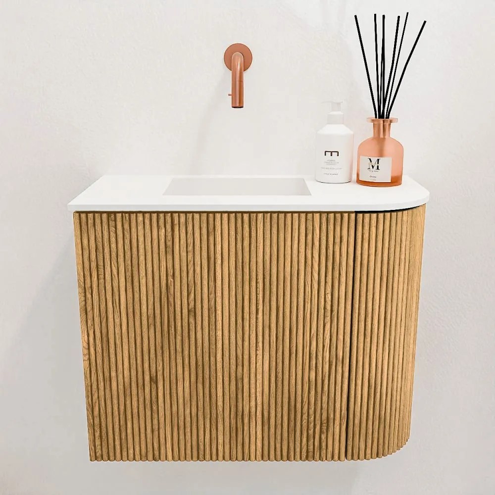Mondiaz Joya 50cm toiletmeubel ronding rechts oak met wastafel faye links zonder kraangat talc